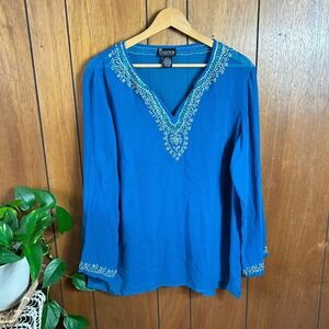 Vintage NY Collection 100% Silk Blue Beaded V Neck Tunic Top Shirt Blouse‎ Boho
